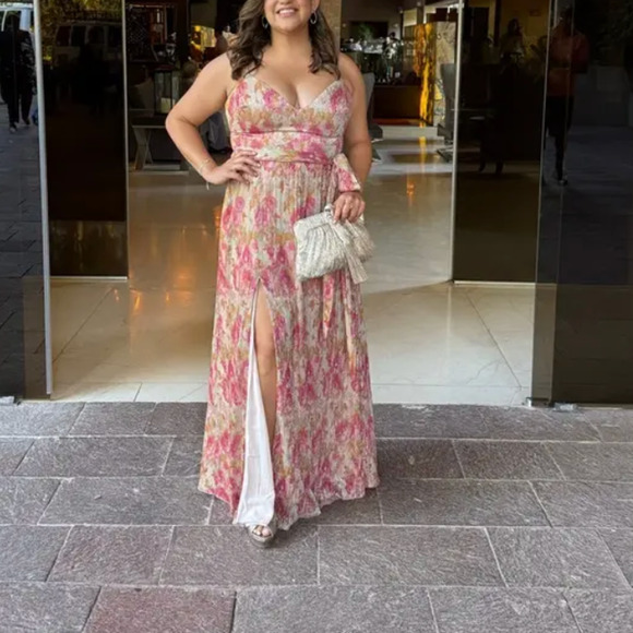 Dress the Population Floral Plisse Maxi Dress XS Metallic Goddess Slip Gown $268 - Picture 5 of 15